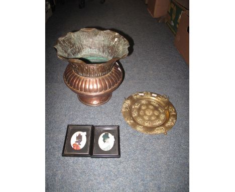 Copper fluted baluster pedestal vase together with brass tray with relief decorated lizards, figures and other animals, toget