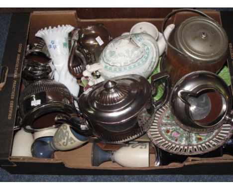 Tray of assorted china to include Burslem pottery silvered tea service, modern Chinese Canton wall plate, Royal Worcester bon