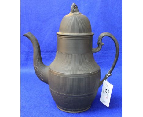 18th Century Wedgwood black Basalt coffee pot and domed cover surmounted with female finial with acanthus leaf decorated loop