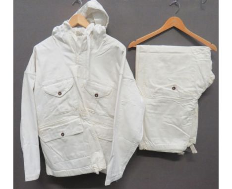 WW2 British Army Camouflaged Snow Smock And Trouserswhite, pull over smock with hood.  Pleated chest pockets and lower patch 