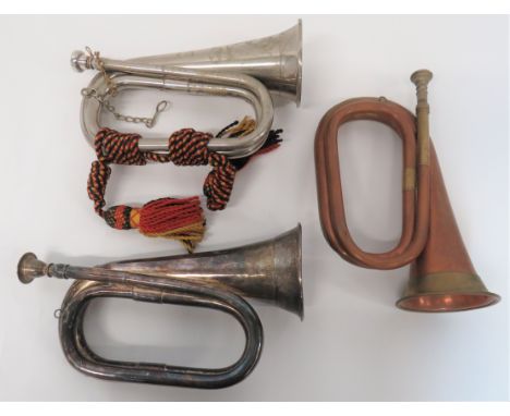 Three Military Pattern Buglesconsisting silver plated example complete with mouthpiece. No apparent maker ... Nickel plated e