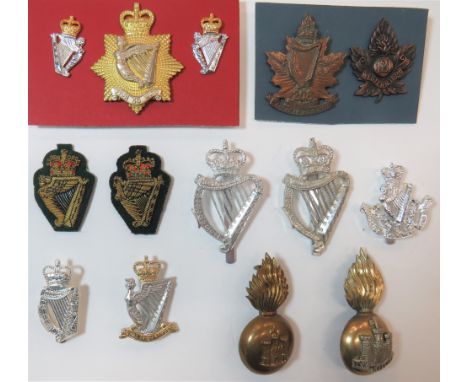 Irish Orientated Cap And Other Badgesincluding large, brass flaming grenade.  The ball overlaid with white metal castle and I