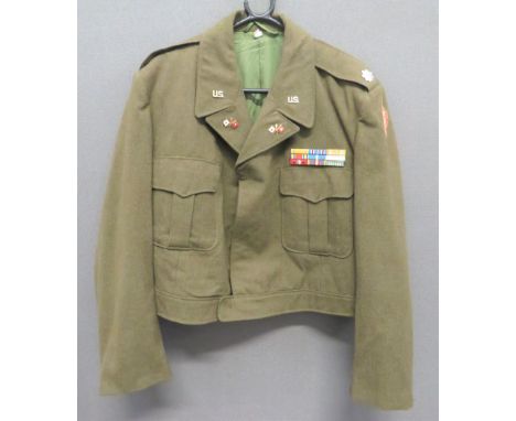 American Lt Colonel Signal Corps Battledress Garrison Tunickhaki, single breasted, open collar, short jacket.  Pleated chest 