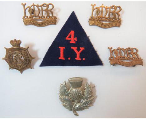 Victorian/Boer War Badgesconsisting white metal thistle.  Royal Scottish Reg.  Brooch fitting ... Brass Her Majesty's Reserve