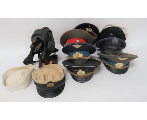 Selection of Various Hats Including Russianincluding black, padded linen, Tank Crew helmet complete with earphone wiring ... 