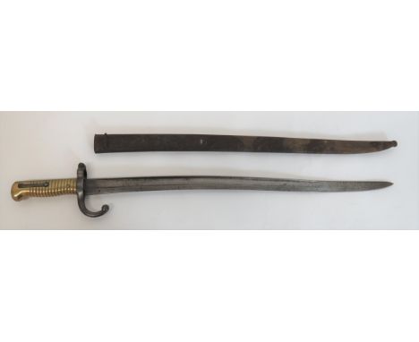 French M1866 Chassepot Bayonet22 1/2 inch, single edged, yataghan blade with wide fuller.  Back edge with faint maker details