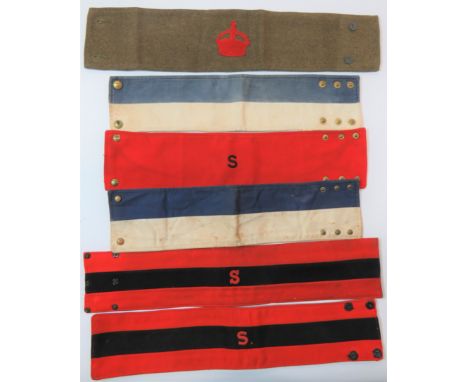 Six Various Military Armbandsconsisting WW1 Army Council example in khaki cloth.  Central red felt Kings crown.  Rear with st