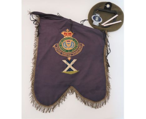 Royal Scots Fusiliers Piper's Bannermaroon banner with gilt wire edge fringe.  Embroidery crown over circlet and Royal Scots 