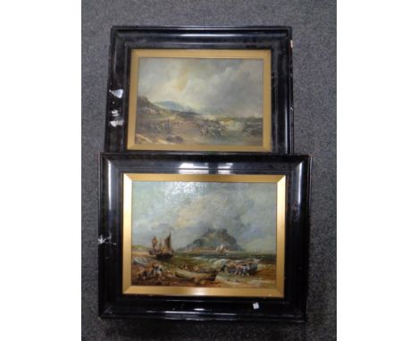 A pair of antiquarian oil paintings on canvas, boats on a shoreline with coast beyond, signed Ashworth, framed  