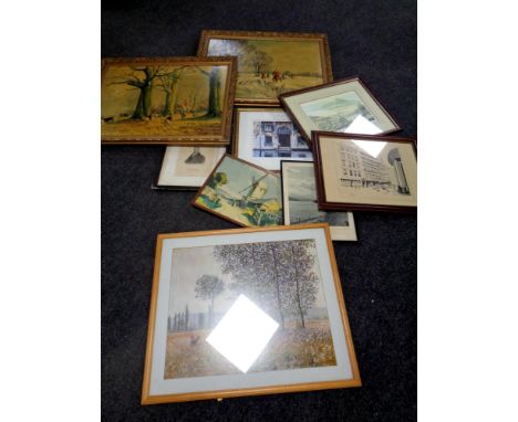 A MacDonald signed limited edition print, Shepherd's View, together with nine other framed pictures to include hunting scenes