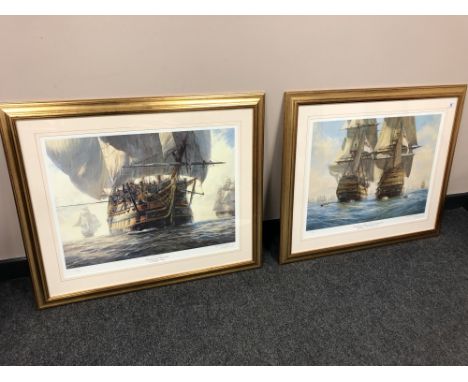 After Geoff Hunt RSMA, 'Victory races Temeraire for the enemy line, Trafalgar, 21st October 1805', and 'Victory and Squardron