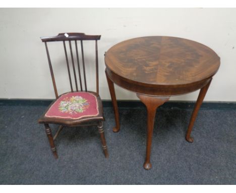 A circular mahogany occasional/card table together with a tapestry seated bedroom chair 