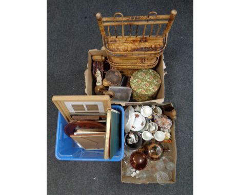 Two boxes and a crate containing a quantity of glassware, a hand painted glass vase, copper lustre jugs, wash basin, antique 