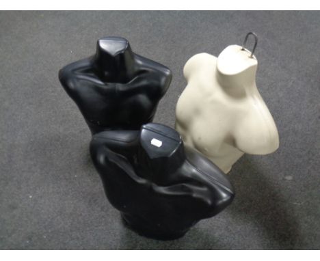 Three plastic male mannequin torsos 
