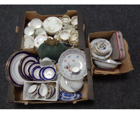 Three boxes of china to include tea service, part Royal Worcester tea service, Japanese dinner ware, marble chopping board et