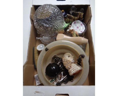 A box containing miscellaneous glass and ceramics to include Art Deco light shade, perfume bottle, cased cutlery etc 