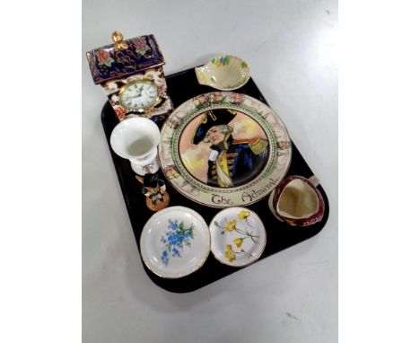 A tray containing assorted ceramics to include Royal Doulton The Admiral plate, Royal Doulton Drake character jug, Masons Man