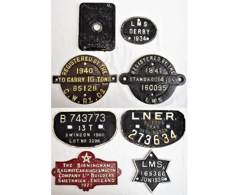 7 x Cast Iron Wagon Plates to include, REGISTERED BY GWR 10 TONS 1940 85128.  REGISTERED BY LMS 14 TONS 1941 160095. THE BIRM