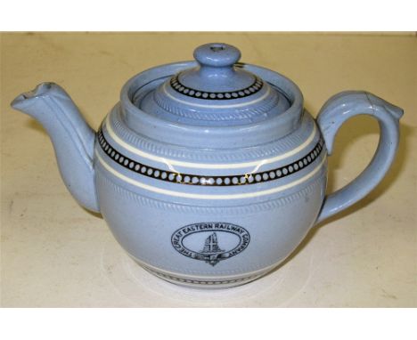 GER Blue Doulton Tea Pot glazed GREAT EASTERN RAILWAY in full complete with matching lid. Minor damage to spout with crack in