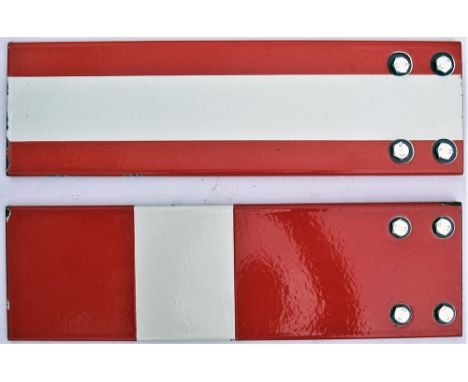2 x Enamel shunt or calling on Signal Arm Blades. Both excellent condition possibly new-old stock complete with new fixing bo