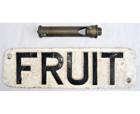 Cast Iron wagon FRUIT sign together with a steam engine whistle.
