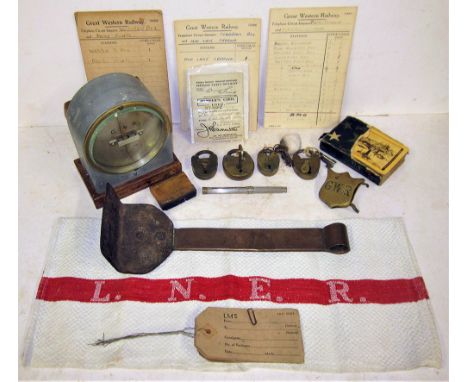 A miscellaneous Lot containing various Railway items to include a GPO Galvanometer. L.N.E.R Tea Cloth. 4 x brass padlocks wit