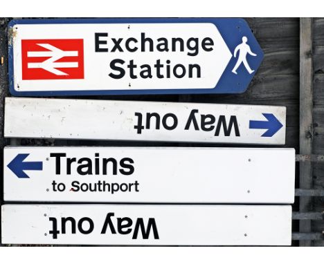 A Lot containing 4 x modern station direction signs. Exchange Station. 2 x Way Out with arrow. Trains to Southport with arrow