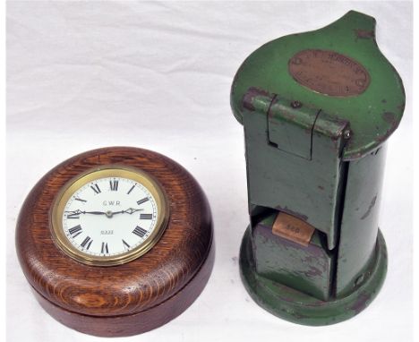 GWR pork pie clock mounted into wooden case. The case is correct but the clock is believed to be a replacement together with 