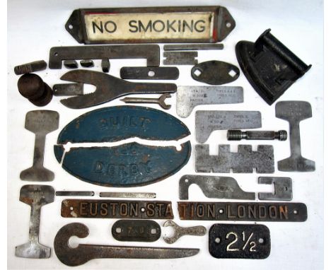 A miscellaneous lot to include a number of tools. Some marked MR.Co and LMS together with 2 broken plates, one being possibly