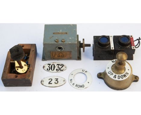 A Lot containing miscellaneous signalling items. SR Brass shelf plunger. 2 x enamel plunger location plates, 2 x enamel numbe