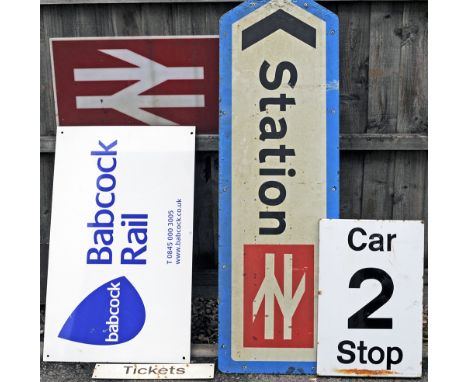 A lot containing 5 x modern railway direction signs. STATION with intercity arrow. Separate intercity arrow. TICKETS. CAR 2 S