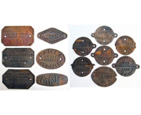 13 x Cast Iron Wagon Plates all devoid of paint. OWNERS BENZOLE PRODUCERS No 332. OWNERS SHELL MEX &amp; BP LTD No 6313. OWNE