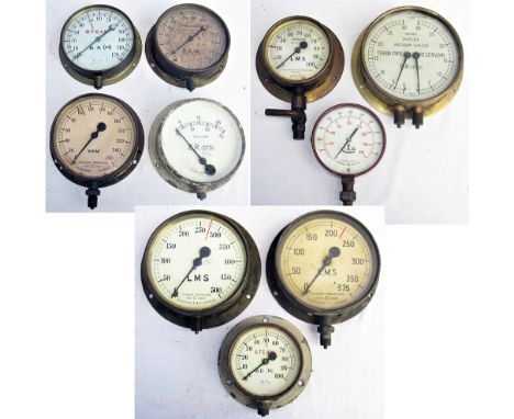 10 x Railway pressure gauges. BR(M) 0-120 PSI steam gauge. 2 x BR(M) 0-260 PSI. BR(Std) 0-30 hg Vacuum gauge. 2 x LMS gauges 