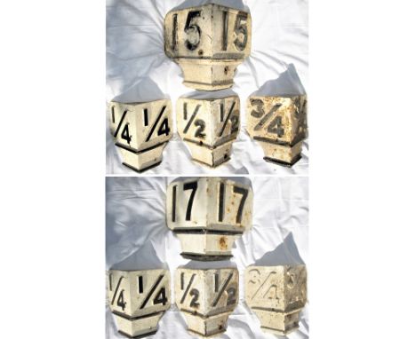 8 x LNER Mile post tops. 15, 1/4, 1/2, 3/4, together with 17, 1/4, 1/2, .3/4.  All in good original condition.