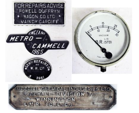 4 x Railway plates. IMPERIAL CHEMICAL INDUSTRIES LTD (CLC) LMR. METRO CAMMELL 1965. 2 x Wagon Plates, POWELL DUFFRYN Wagon Co