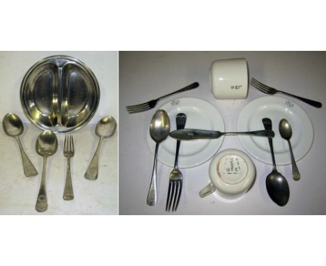 A miscellaneous Lot of railway tableware containing a LYR BOLTON vegetable dich minus lid. 2 x LNWR serving spoons. 1 x M.R.C