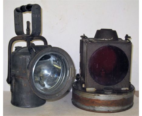2 x Railway Lamps. GWR acetylene Examiners Handlamp stamped GWR in handle together with a BRW Crossing Gate lamp interior wit