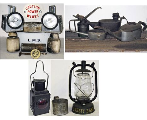 A miscellaneous lot containing several railway items. An enamel bowel marked LMS. 2 x LNW insulators. 2 x BR Bardic handlamps