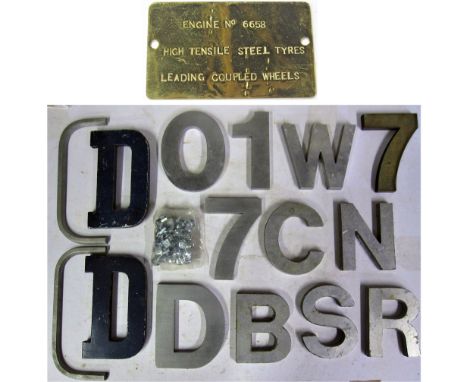 A Lot containing Hymek D Letters, Cabside letters and numbers. Cast before 1974 together with brass HIGH TENSILE STEEL TYRES 
