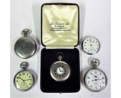 A Lot containing 5 x Fob watches. Silver plated BENSON complete with case. BRWR Stop Watch. BRWR Guards Watch. MDR Watch. Unm