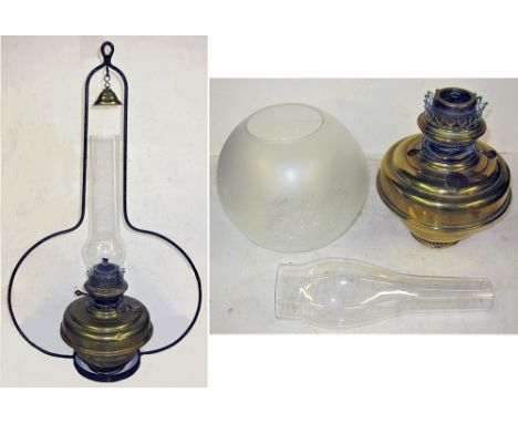 GWR Signal Box oil hanging lamp complete with hoop and chimney together with brass hanging or wall oil lamp. Stamped on base 