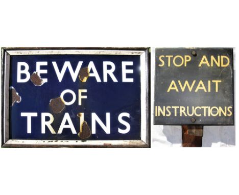 Wooden sign. STOP AND AWAIT INSTRUCTIONS. Complete with part of the original wooden post together with BR(E) blue enamel sign