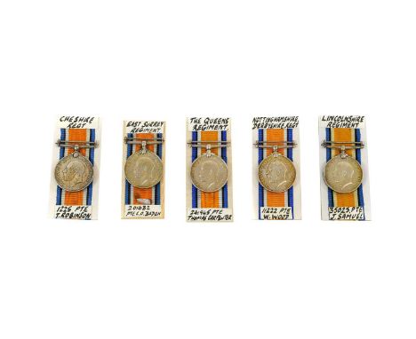 Five British War Medals, awarded to:- 201632 PTE.C.O.BADEN E.SURR.R.; 241945 PTE.T.CARPENTER. THE QUEEN’S R.; 11222 PTE.W.WOO