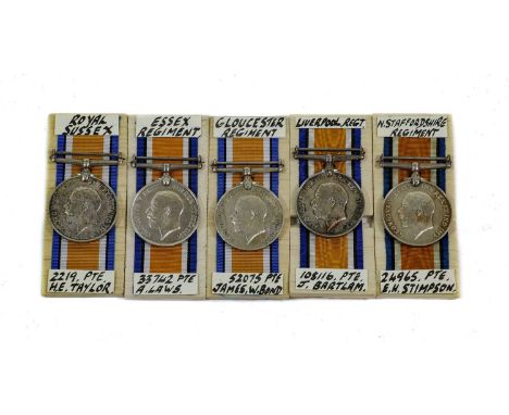 Five British War Medals, awarded to:- 2219 PTE.H.E.TAYLOR. R.SUSS.R.; 33742 PTE.A,LAWS. ESSEX R.; 52075 PTE.J.W.BOND. GLOUC.R