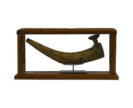 A 19th Century Inuit Pipe, Siberia, carved from maple, the trumpet shape bowl attached by bird quills, with a detachable pane