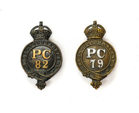 Two Bedfordshire Constabulary Helmet Plates, each with King’s crown and three fixing lugs to the reverse, one of die stamped 