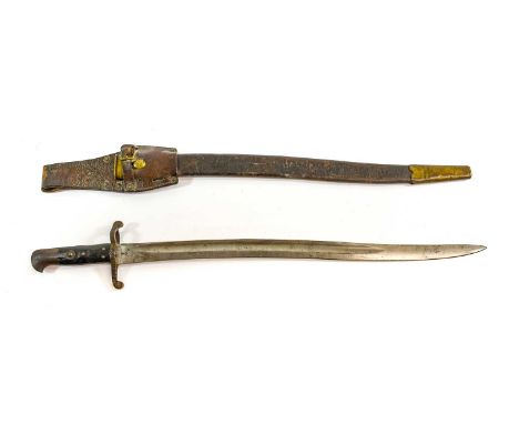 A British 1856 Pattern Yataghan Sword Bayonet, the 57.5cm fullered steel blade marked with crowned VR, WD broad arrow and ins