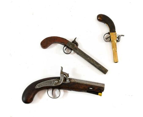 A 19th Century Percussion Overcoat Pistol, with 11cm steel barrel, foliate engraved hammer and back action lock plate, walnut