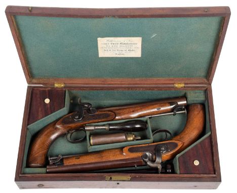 A Pair of 19th Century Officer's Percussion Pistols by Wilkinson of London, 12 bore, each with 20.5cm round damascus sighted 