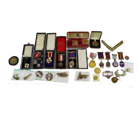 A Quantity of Medals and Militaria, including five silver gilt and enamel Temperance medals, four base metal Temperance medal